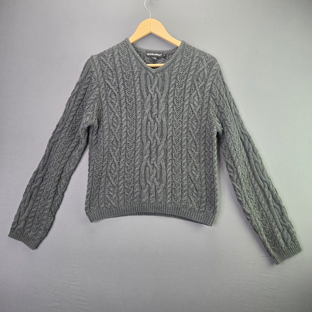 Quickreflex Sweater Cable Knit V-Neck Size L Gray Cotton Pullover Vintage Style